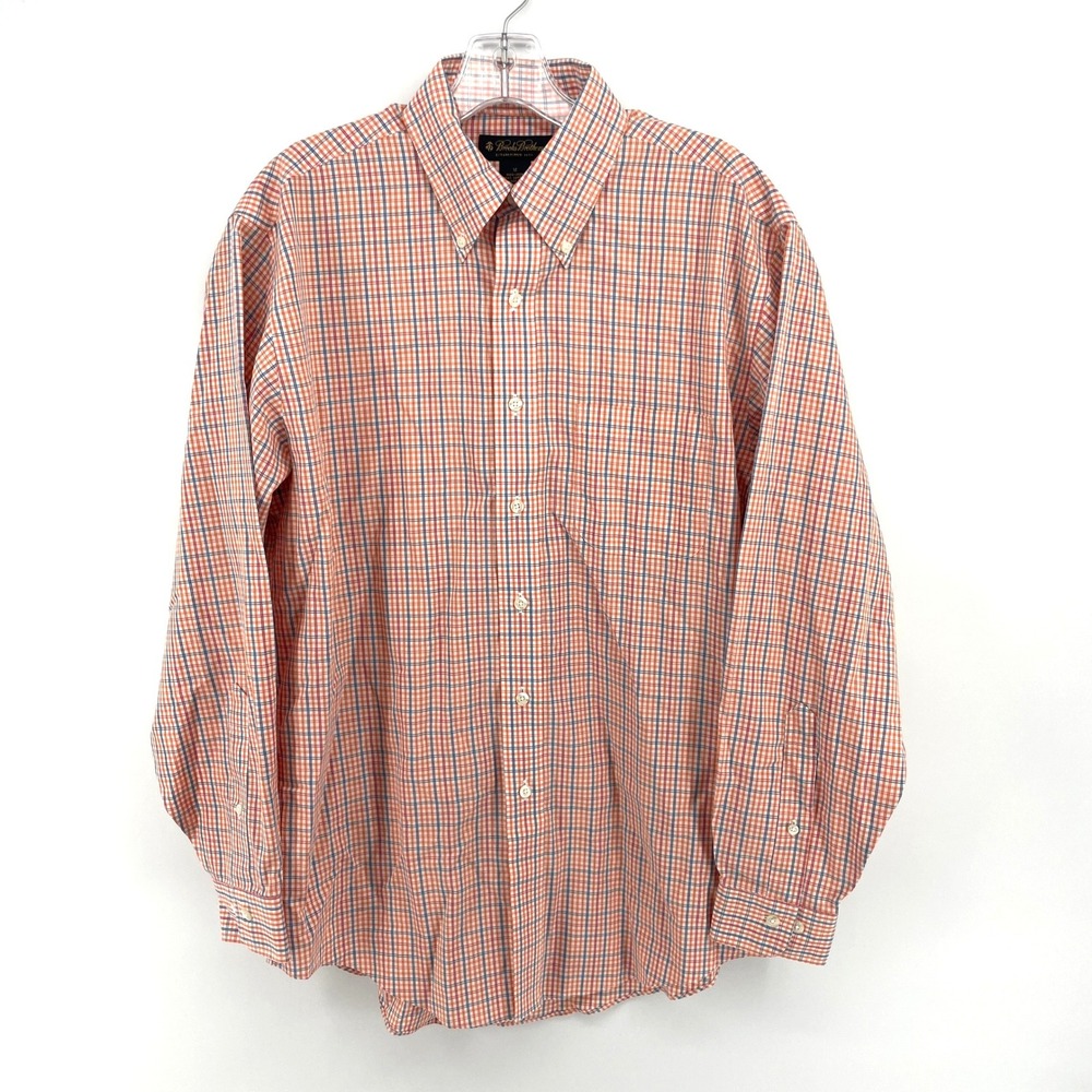 Brooks Brothers Mens Non-Iron Cotton Plaid Button Down Shirt Orange Blue Size‎ M
